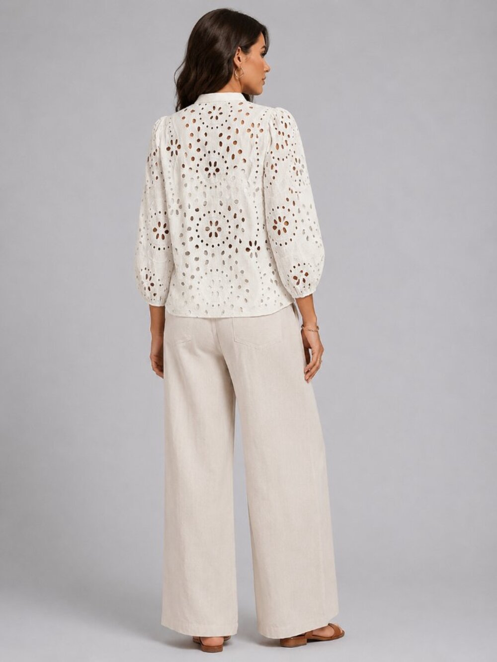 Women’s White Eyelet Blouse Cotton Deep V Neck Balloon Sleeve Button Down Top - Picture 2 of 4